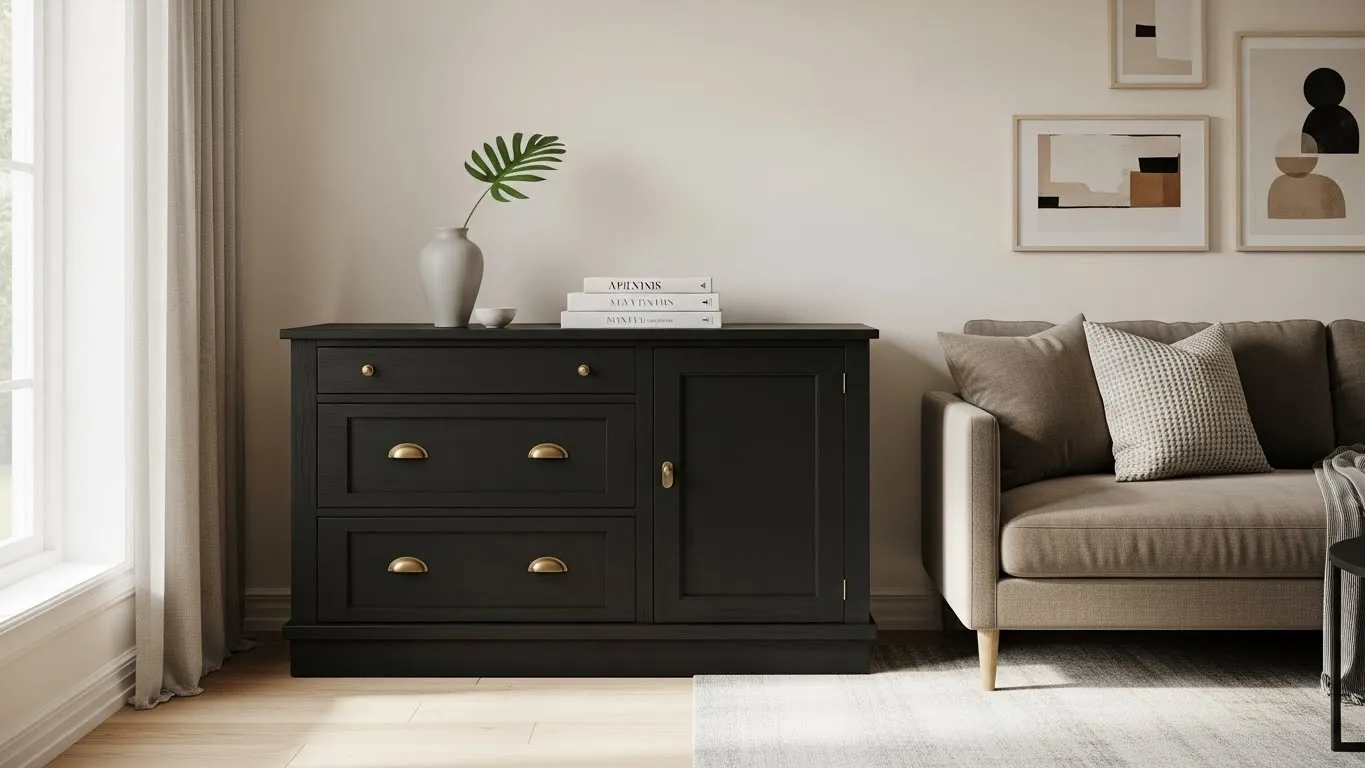 Upcycled old dresser turned into a modern luxury sideboard with matte black paint and brass handles