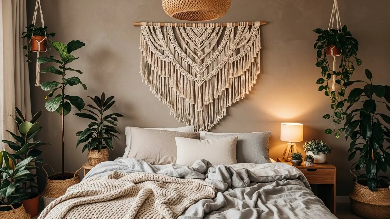Macramé wall hanging in a cozy boho bedroom