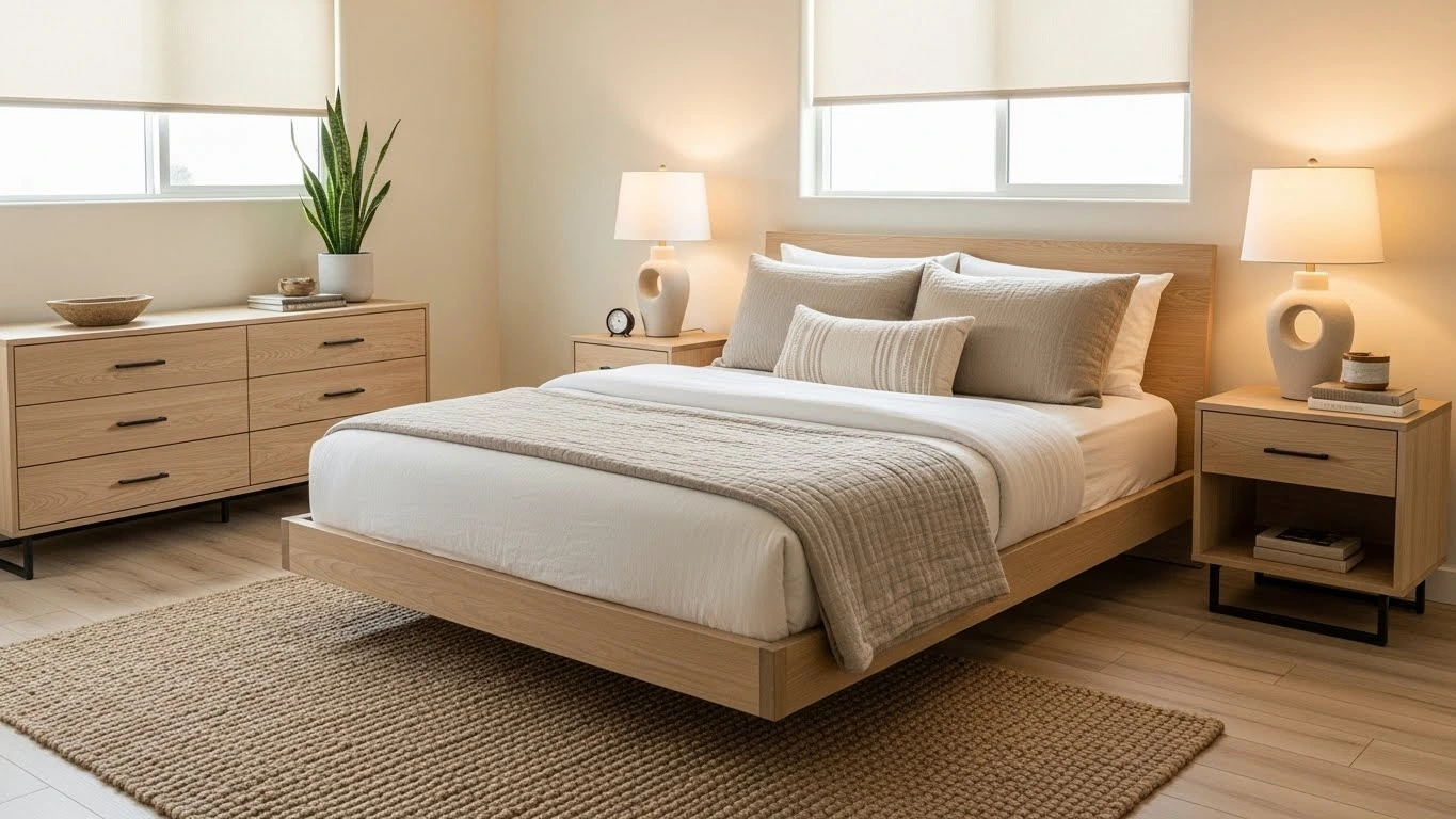 Wood furniture in budget organic modern bedroom