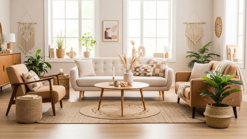 Warm neutral mid-century modern living room with Scandinavian and boho style