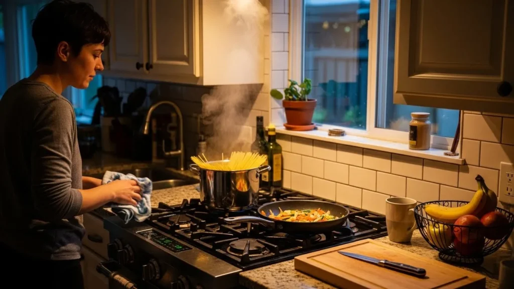 Cleaning the kitchen while cooking to reduce mess and stress