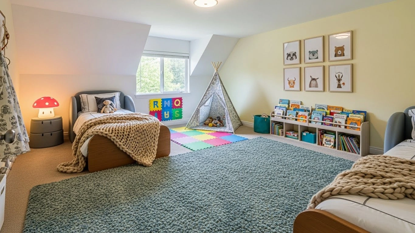Kids bedroom with soft rugs and foam mats for safety and comfort