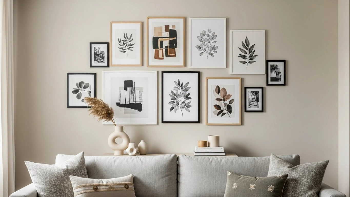 Gallery wall accent wall with framed art in cozy living room