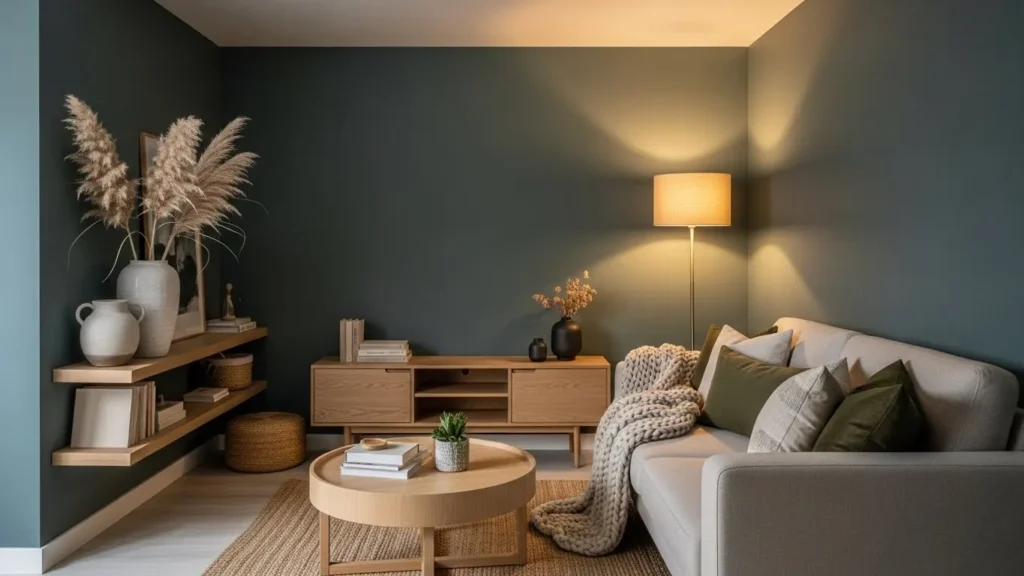 Slate green wall paint giving a small room a refined and cozy look