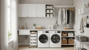 Small laundry room storage ideas with cabinets, shelves, baskets, and space-saving organization