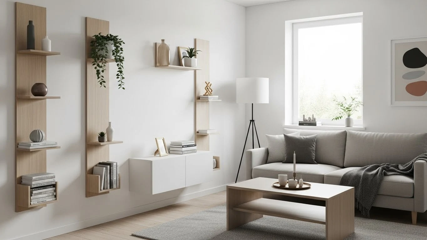 Wall-mounted shelving ideas that save floor space in a small living room