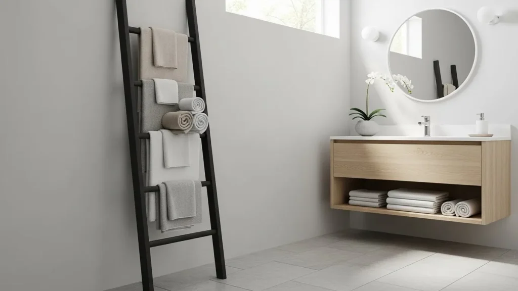 Old ladder repurposed as a modern towel rack