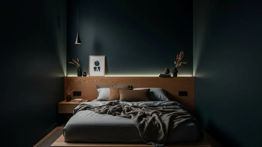 Blackened teal paint colour adding depth and richness to a small room