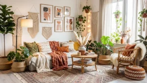 Cozy boho living room with layered rugs, plants, macramé wall art, warm lighting, and natural textures creating a relaxed, stylish home atmosphere.