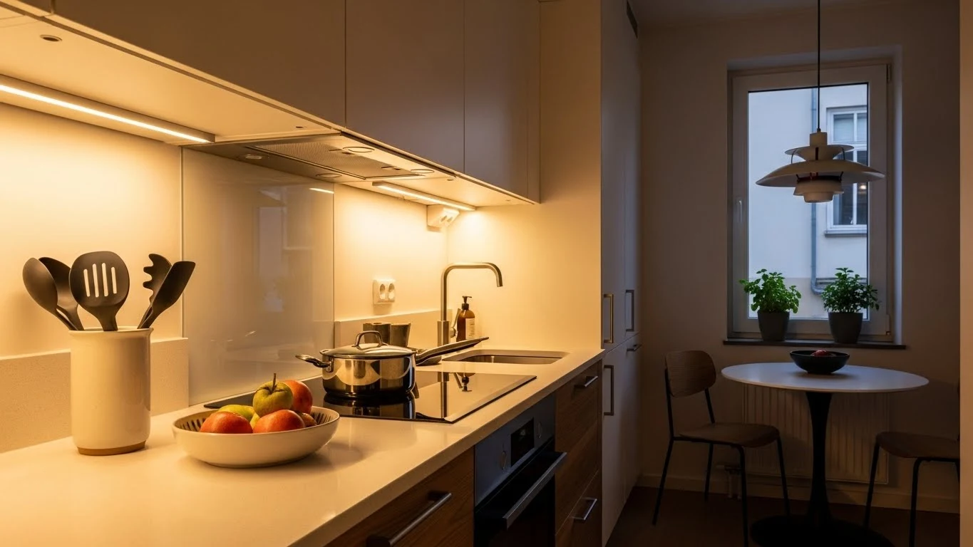 Under-cabinet lighting illuminating countertops in a small kitchen