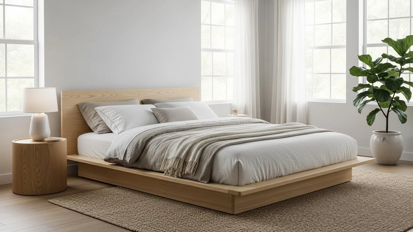 Low-profile bed in minimalist organic modern bedroom