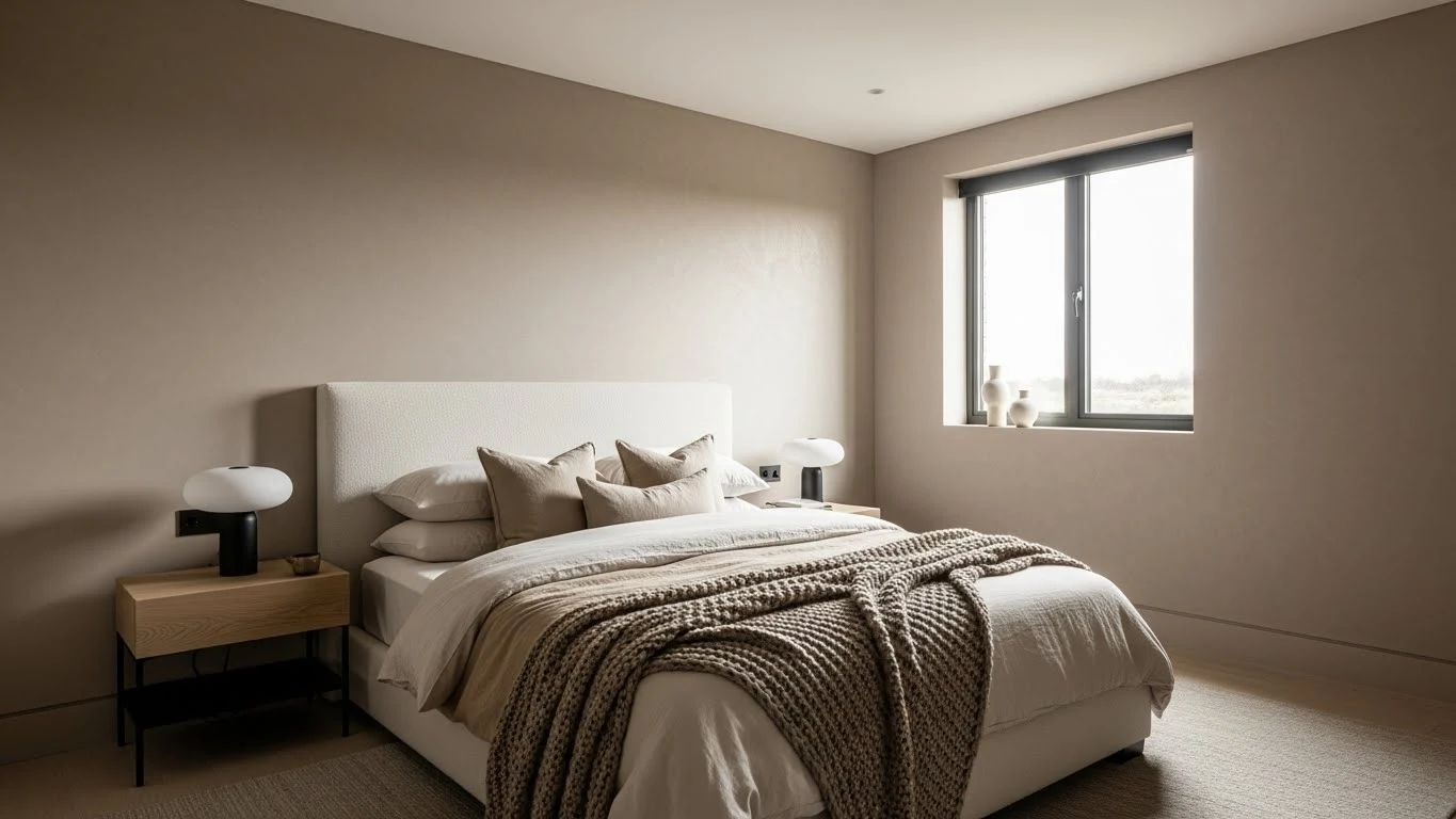 Bedroom with greige textured walls, layered neutral tones, and soft daylight creating a sophisticated calm mood.