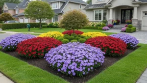 Front yard flower garden with bold clustered flower designs and modern landscaping trends for 2026