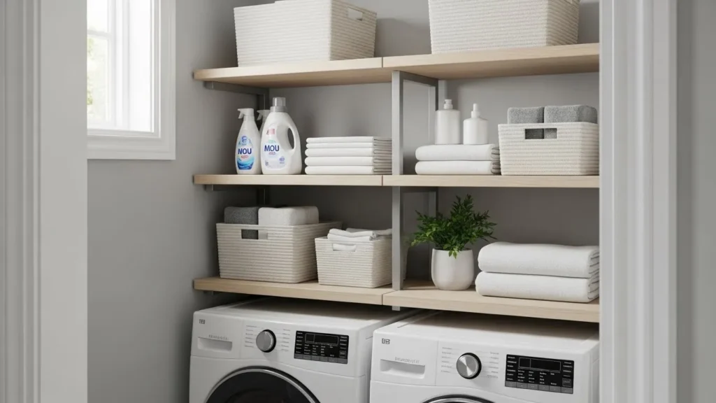 Corner shelves used for storage in a small laundry room