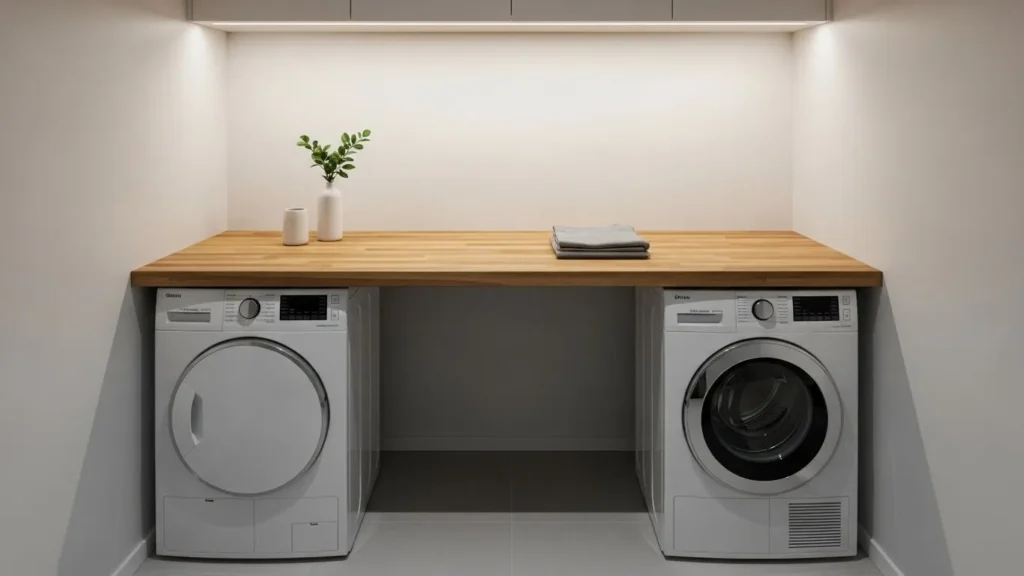 Floating countertop over washer and dryer in a small laundry room