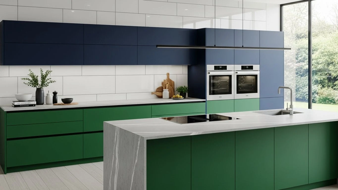 Bold color kitchen cabinets in deep green and navy creating a luxury modern kitchen