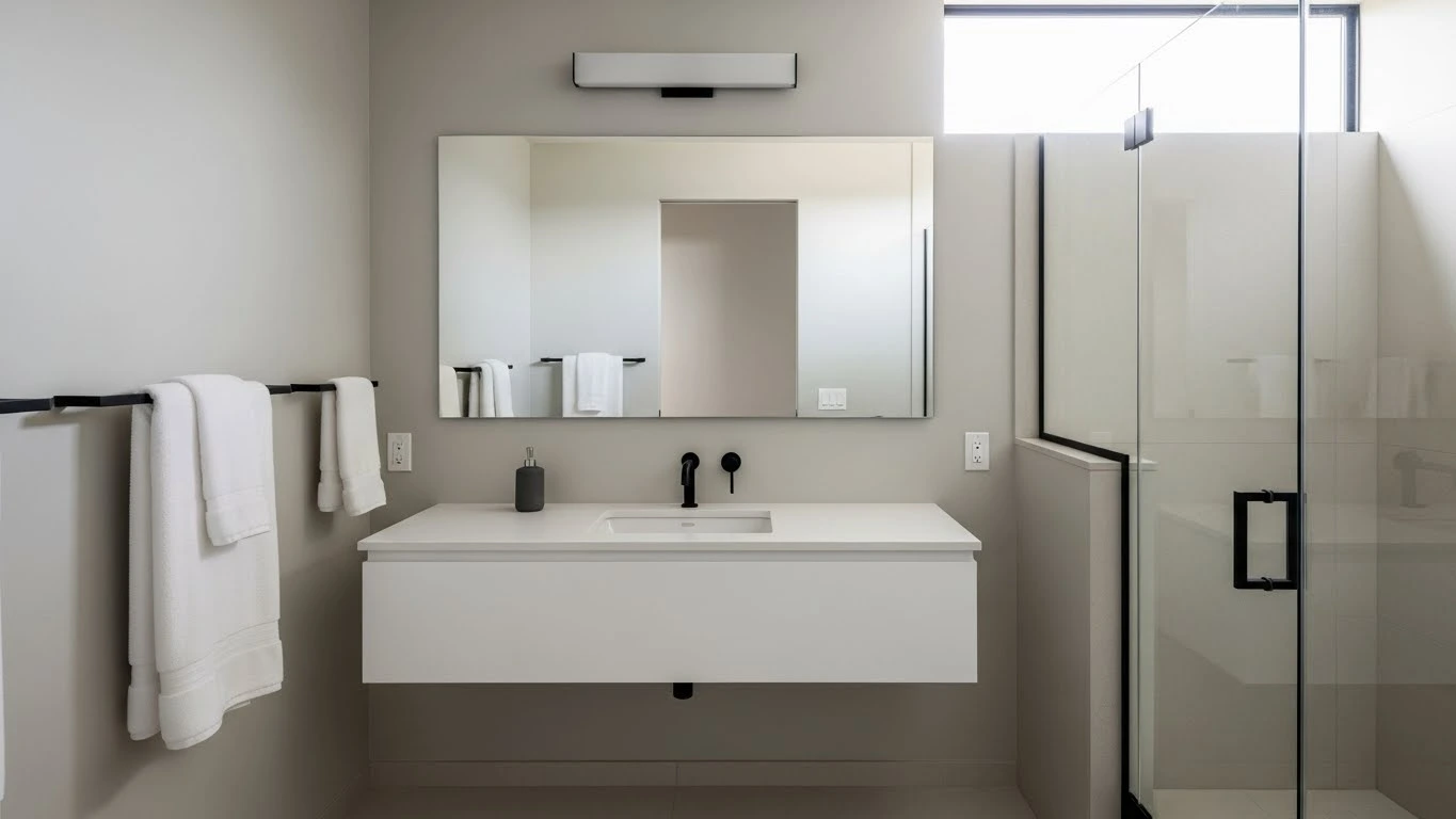 Minimalist guest bathroom with neutral colors and clean design