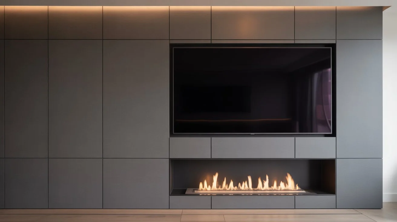 Fireplace and TV on the same wall in a rectangular living room