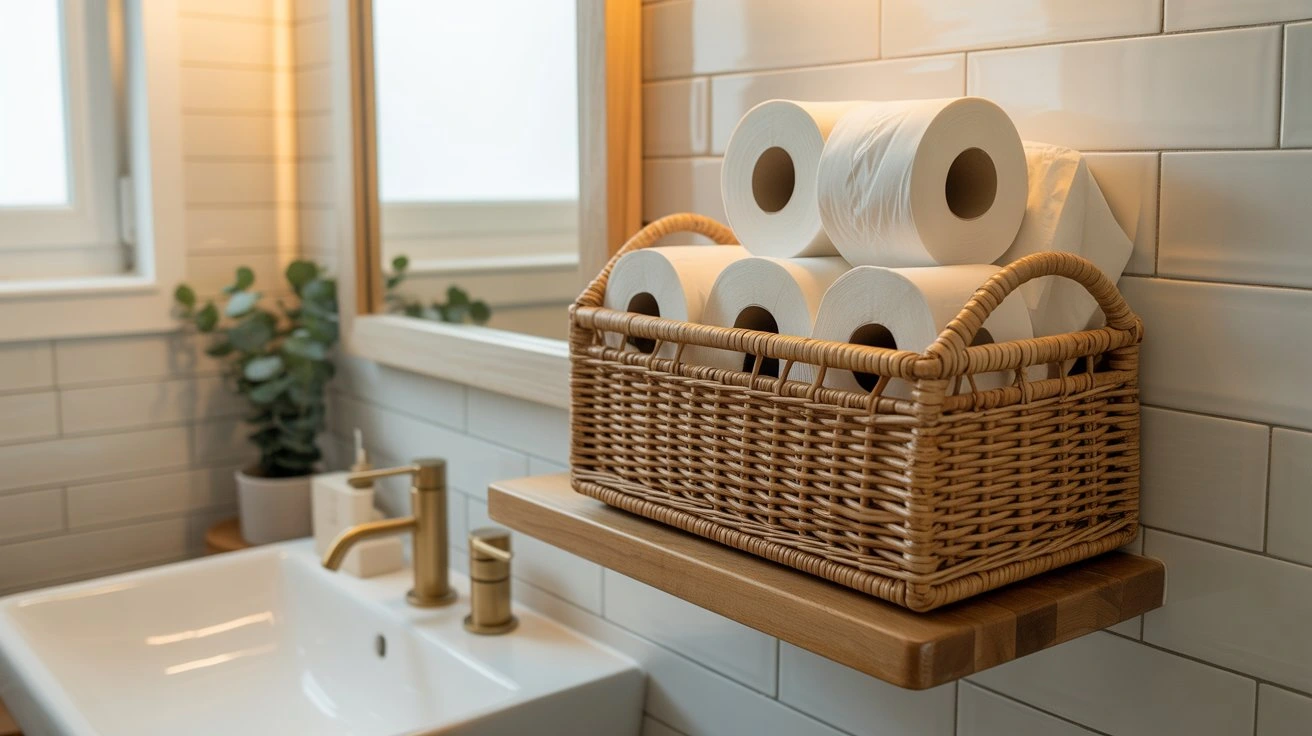 Extra toilet paper stored neatly in a basket in a guest bathroom