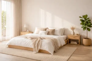 Minimalist bedroom ideas featuring a calm, cozy, and clutter-free design with neutral tones