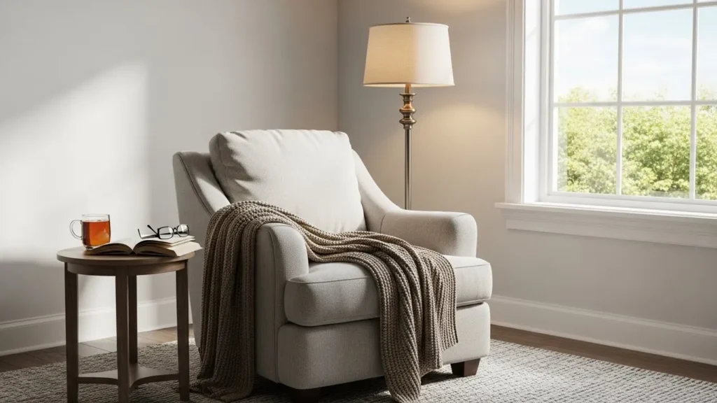 Minimalist reading nook with warm details