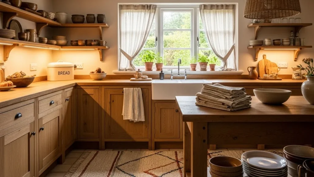 Earthy kitchen with natural fabrics like linen, cotton, and wool for warmth