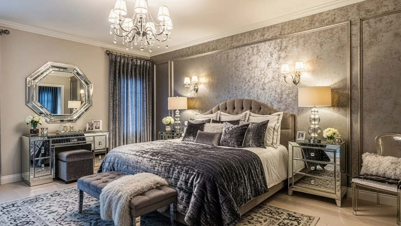 Metallic wallpaper accent wall adding glamour to bedroom