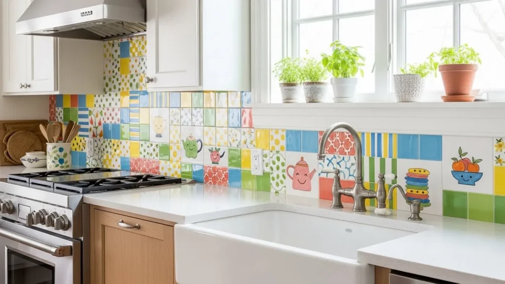 "Colorful ceramic tile backsplash adding joy to kitchen"