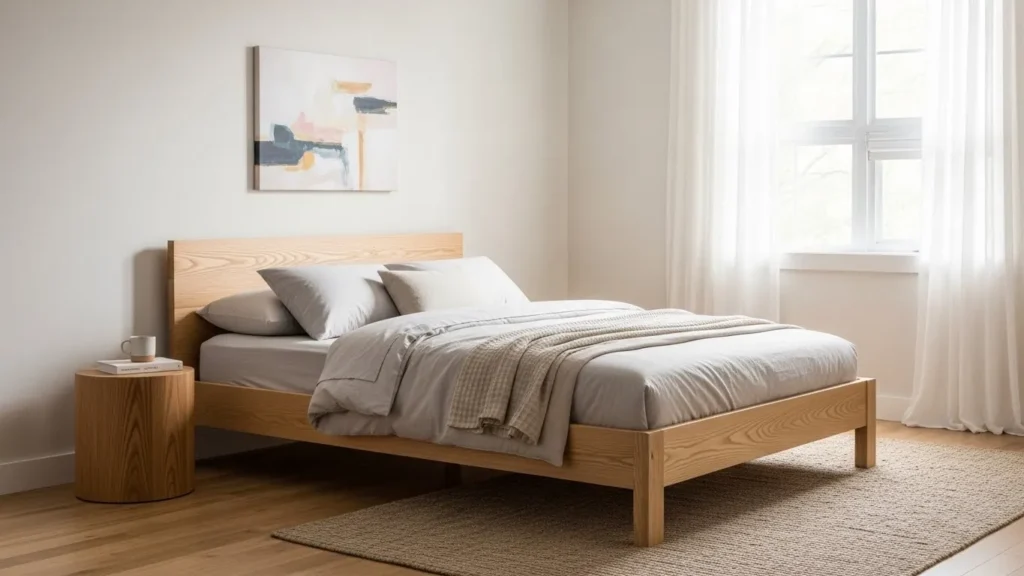 Minimalist bedroom with a low-profile bed frame and clean modern style