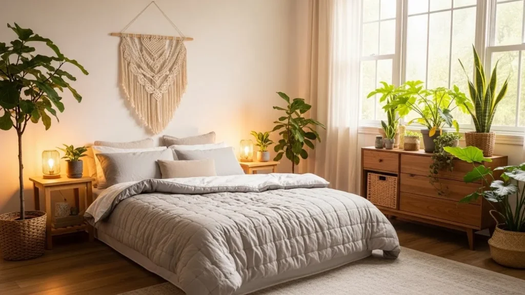 Cozy bedroom featuring indoor plants and natural wooden accents