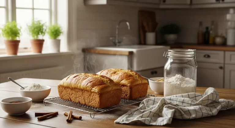 Amish Friendship Bread loaf with starter in a cozy kitchen