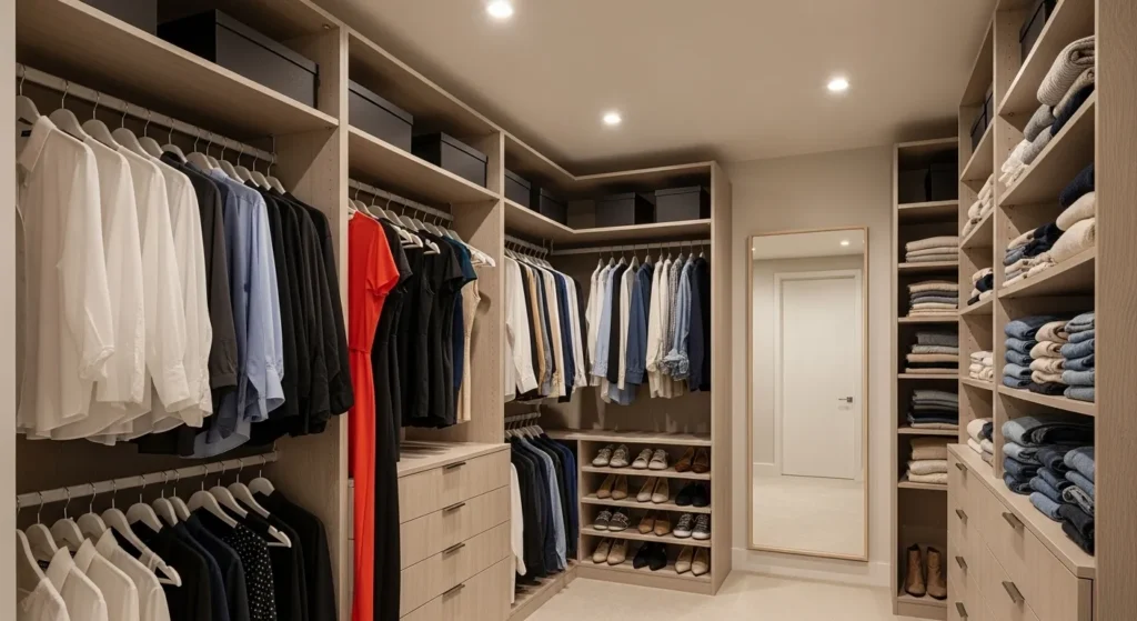 Closet organized by clothing categories
