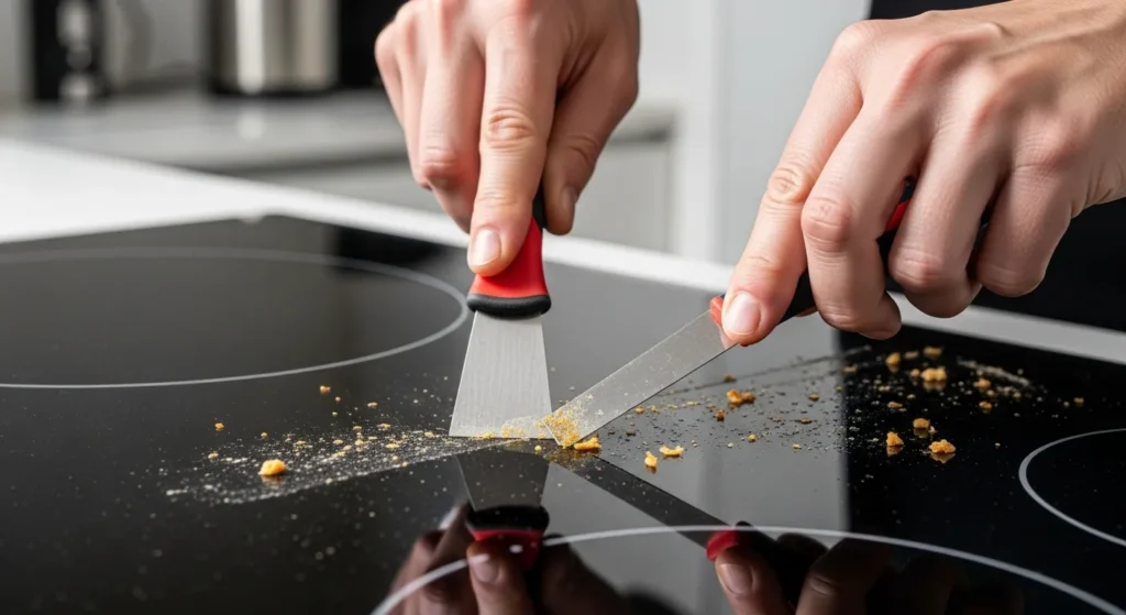 Safely scraping burnt residue from a glass cooktop
