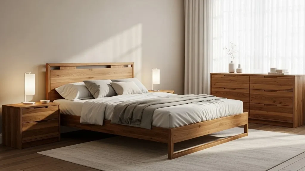 Modern bedroom with wooden bed frame and nightstands