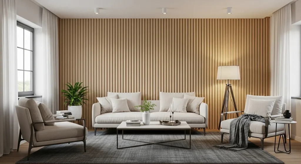 Textured wood panel accent wall in living room