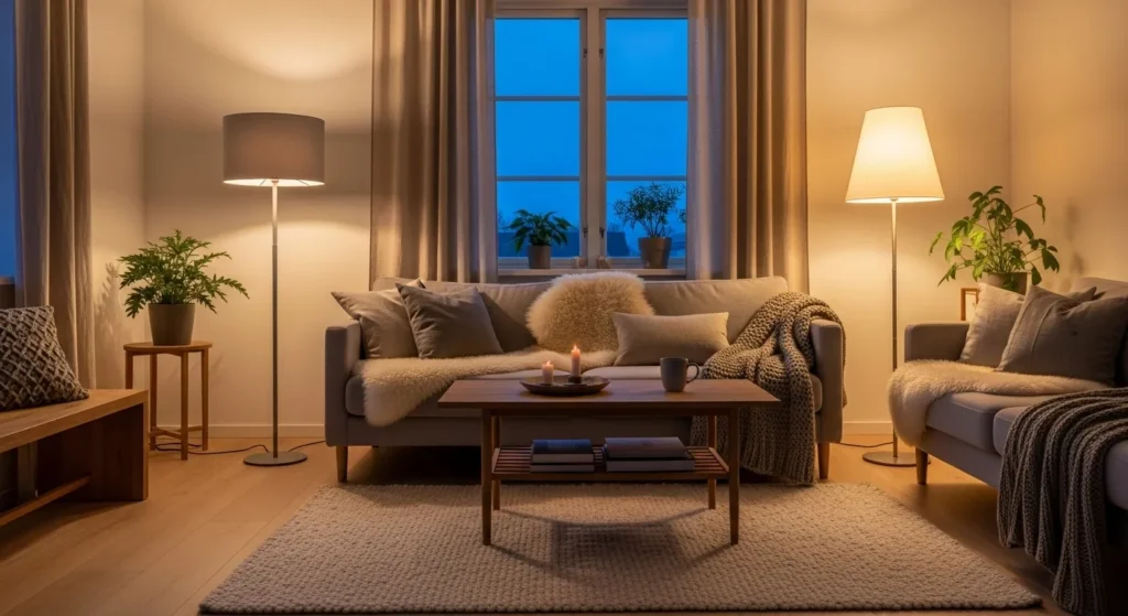 Soft lighting in a Scandinavian style living room