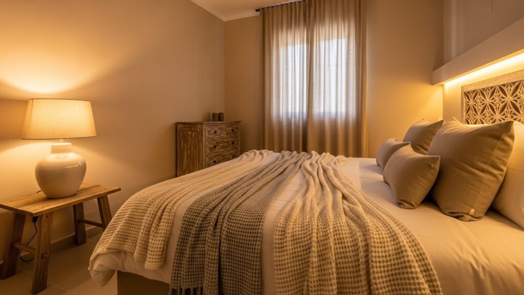 Warm beige bedroom wall color creating a cozy atmosphere