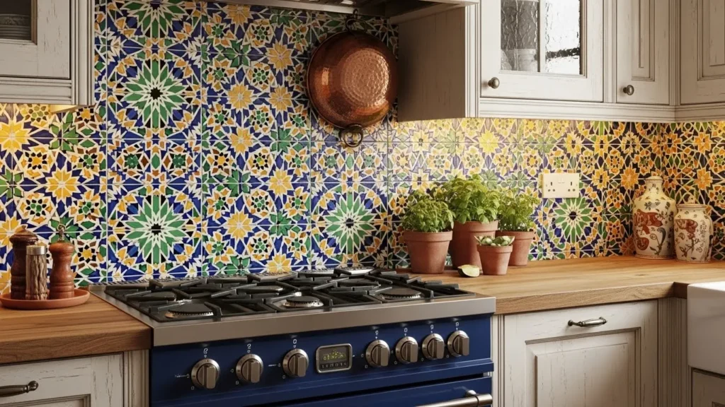 "Vibrant Moroccan tile backsplash with colorful patterns"