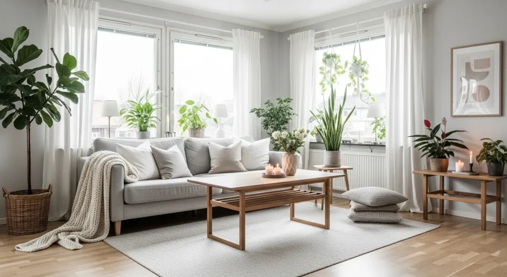Scandinavian living room with indoor plants and greenery