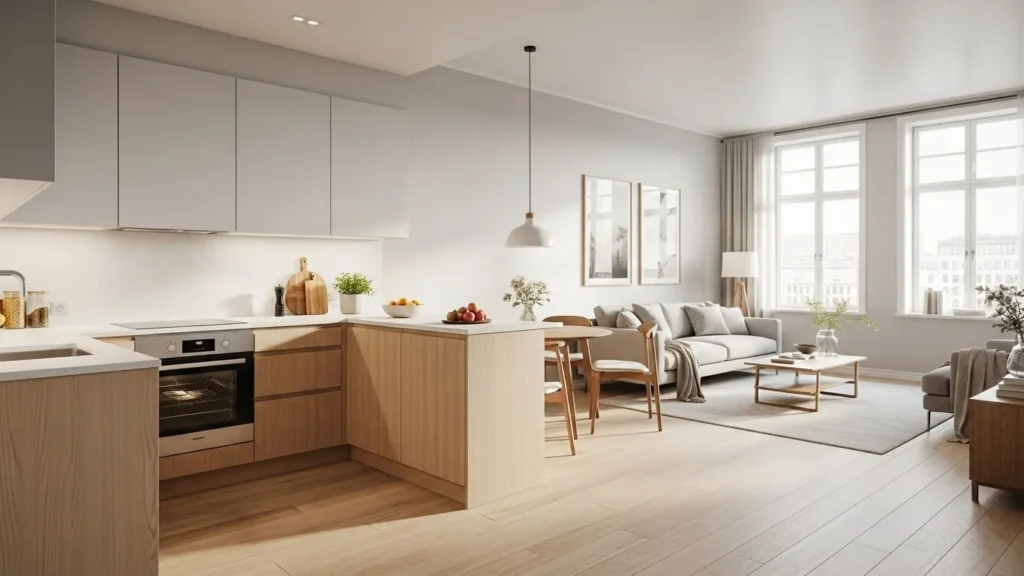 Continuous flooring making a small kitchen feel larger