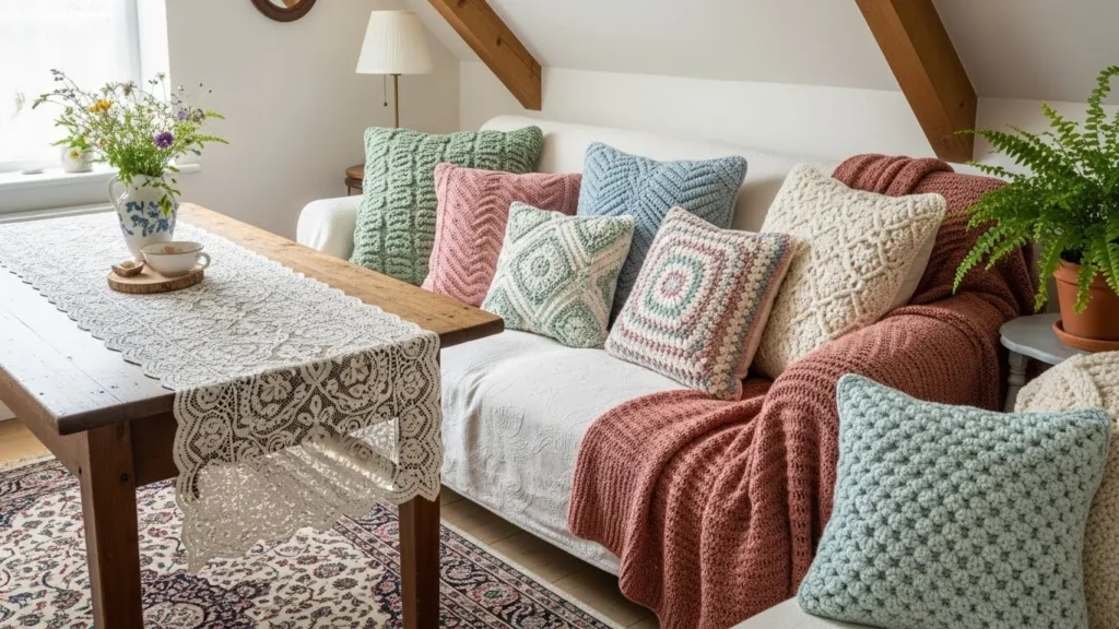 Lace and crochet details in cottagecore decor