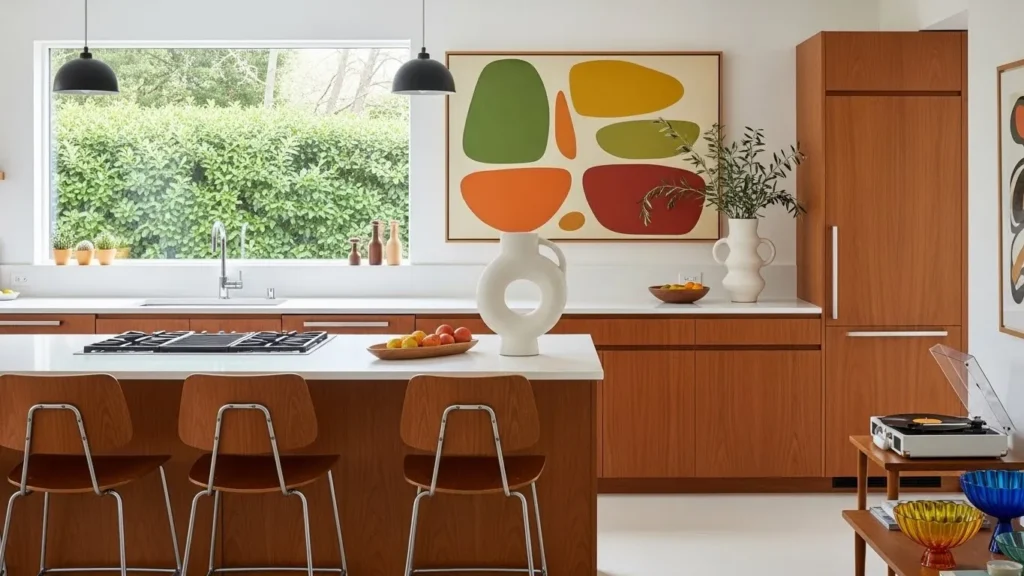 Mid century wall art in kitchen