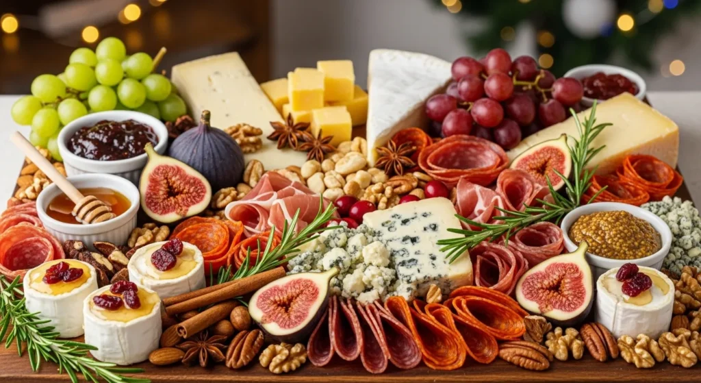 Christmas charcuterie board with cheese and meats