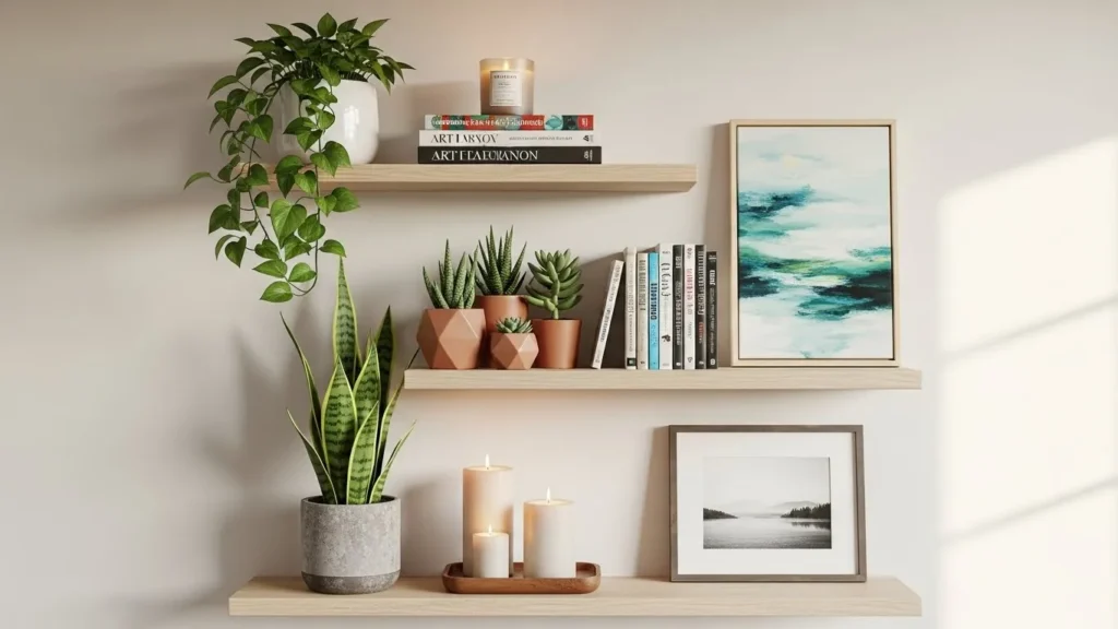 Floating shelves styled with aesthetic wall decor ideas