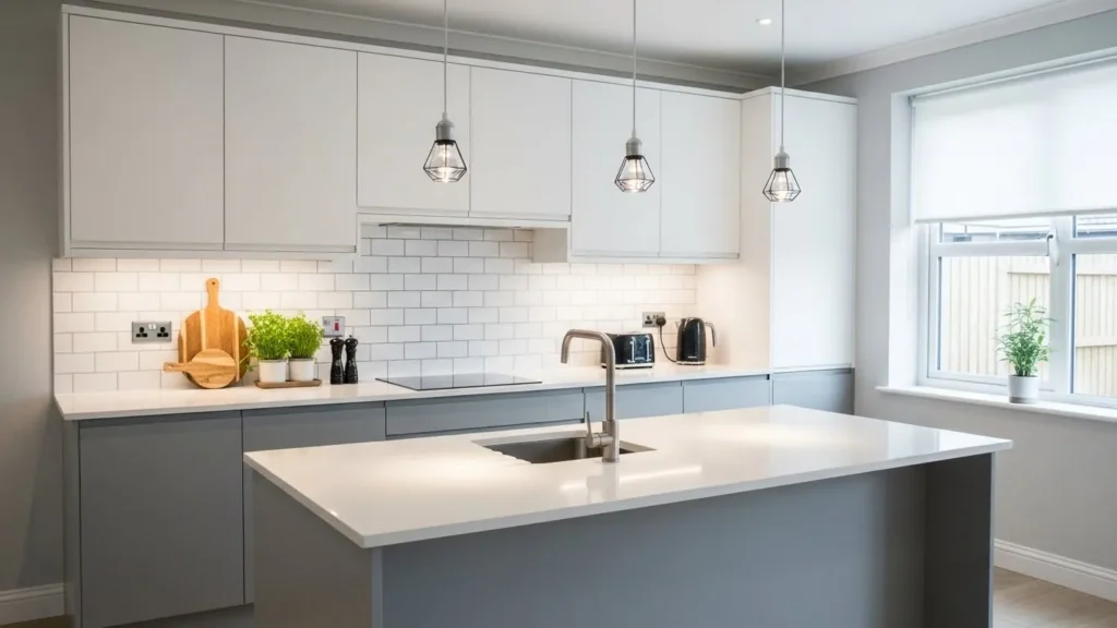 Two-tone gray and white kitchen cabinets with modern styling