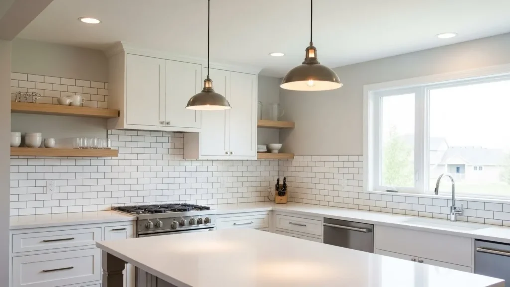 "White subway tile kitchen backsplash with sleek countertops"