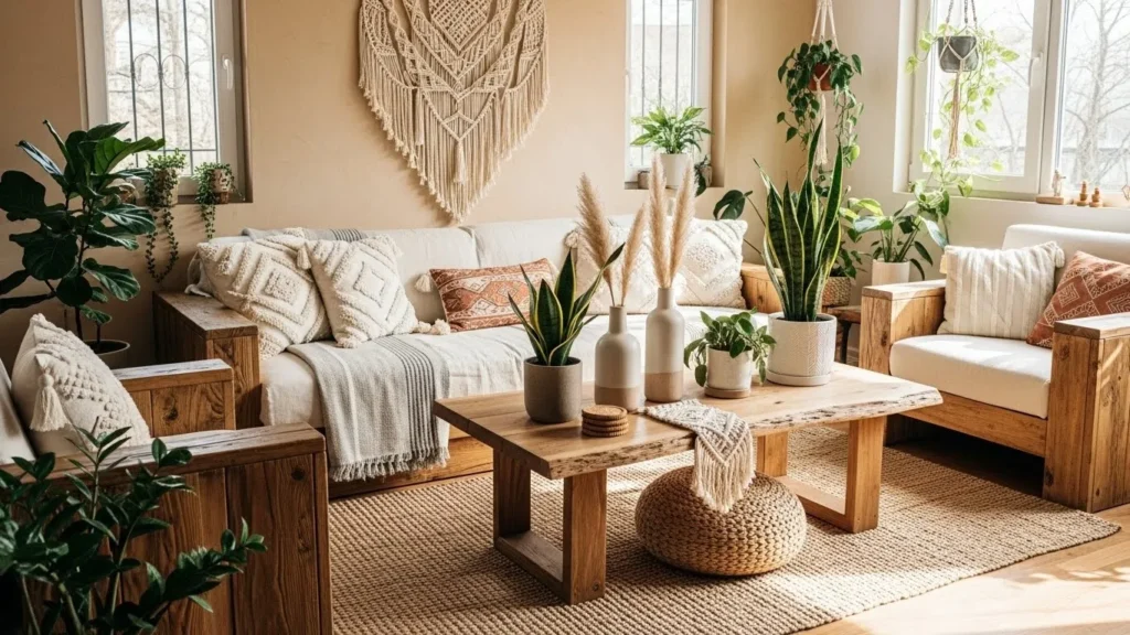 Natural wood furniture in a warm boho-style home