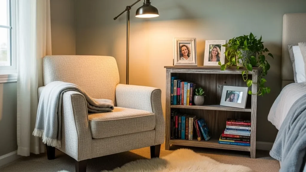 Bedroom reading corner with personal décor and greenery