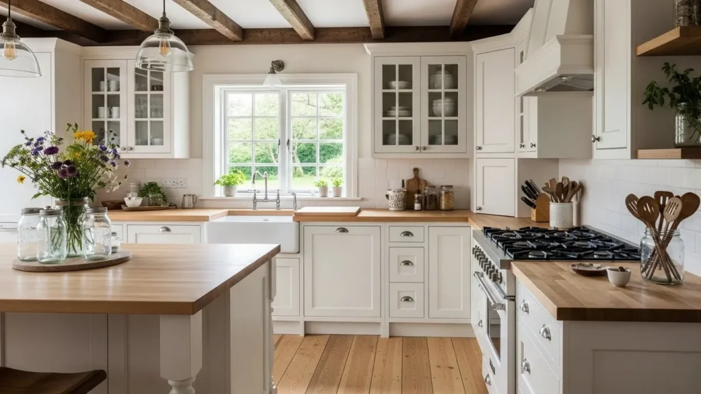 White farmhouse kitchen with wooden accents