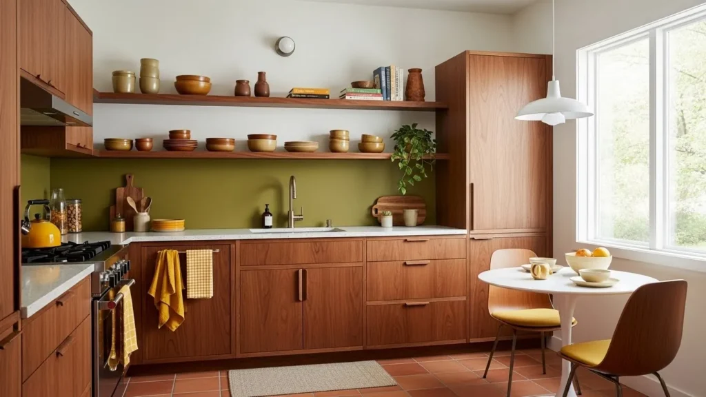 Warm wood tones in a mid century modern kitchen design
